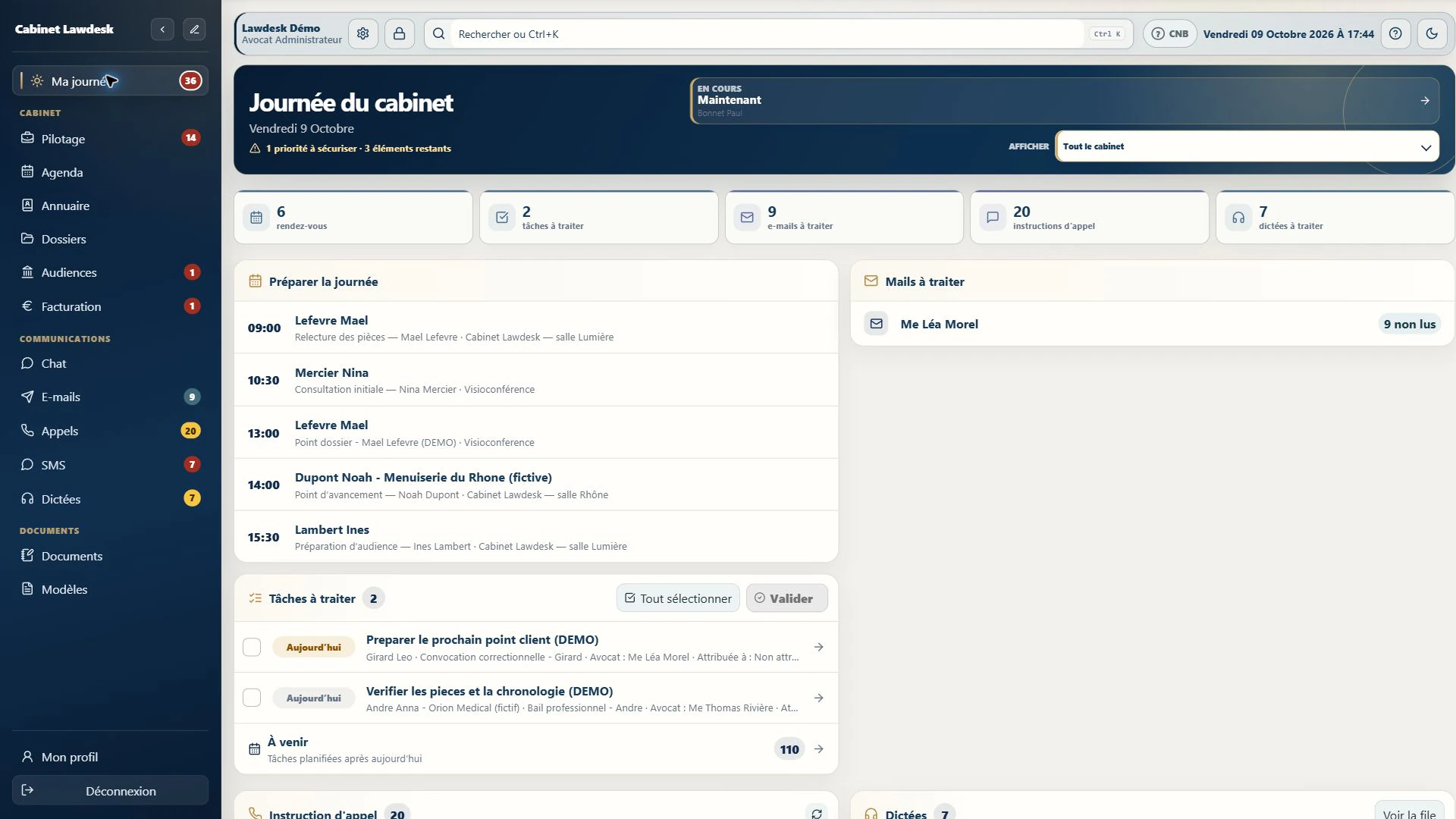 Ma journée dans LawDesk : priorités personnelles et éléments à traiter du cabinet fictif