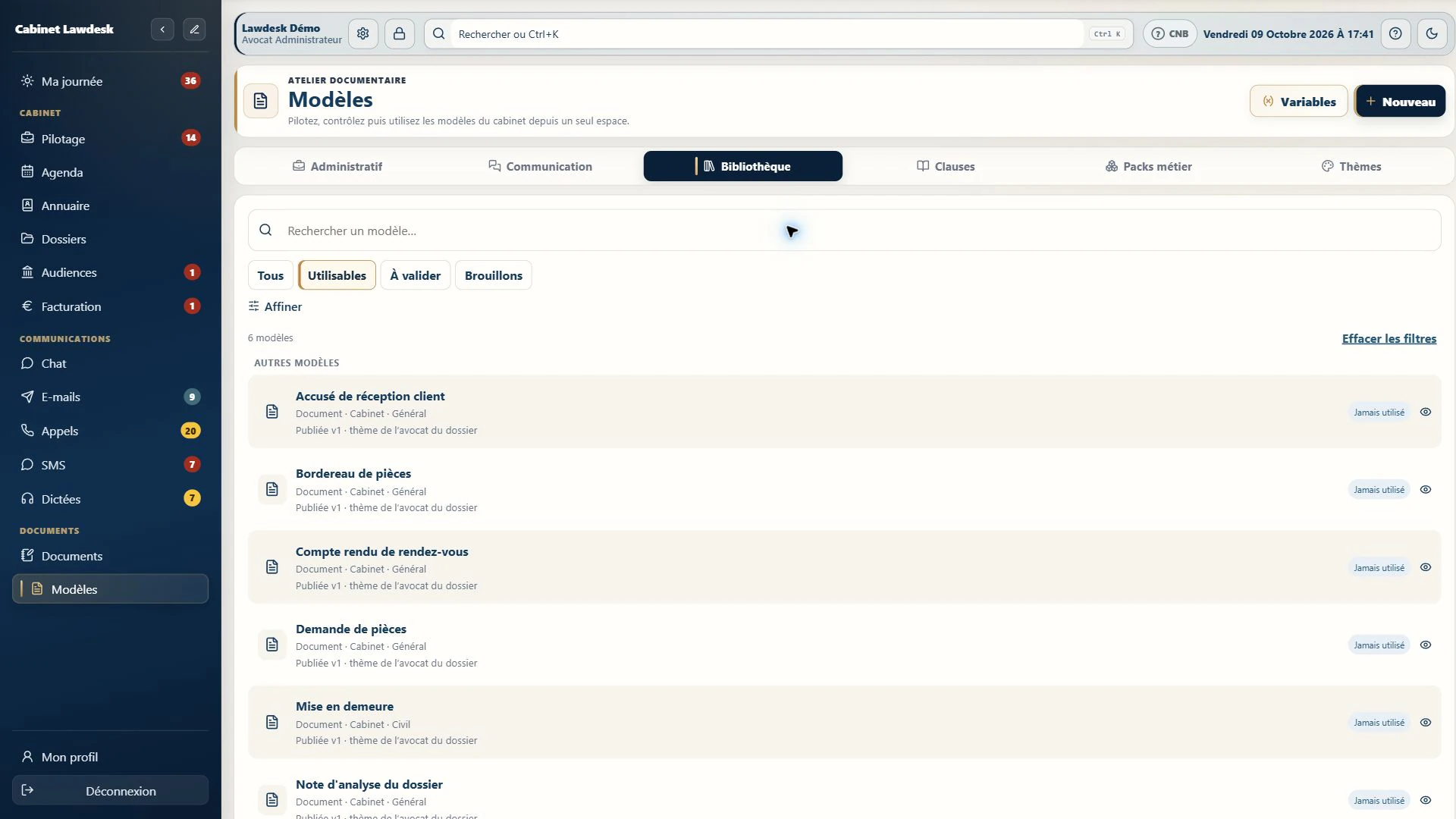 Bibliothèque de modèles du cabinet fictif avec états Utilisables, À valider, Brouillons et versions publiées
