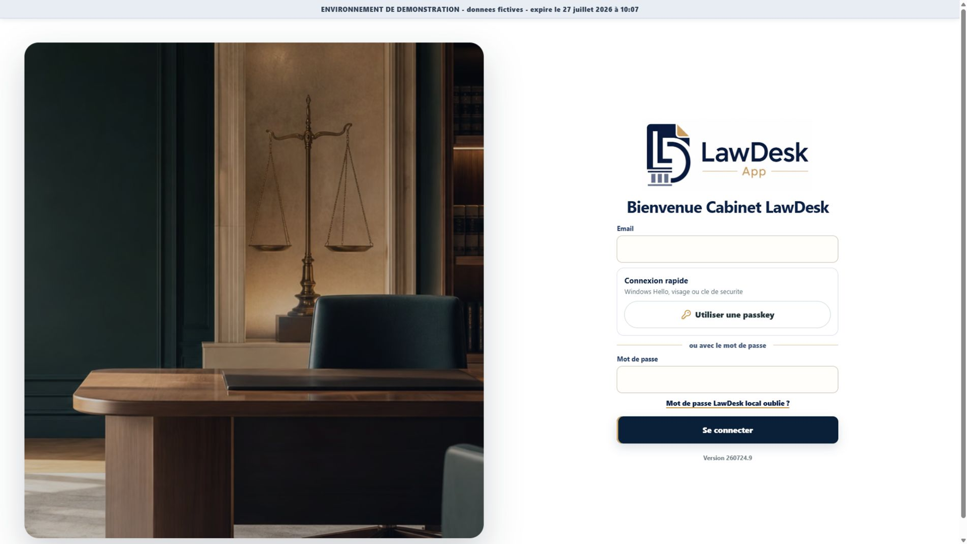 Écran de connexion LawDesk App avec compte local, Microsoft ou Google selon la configuration