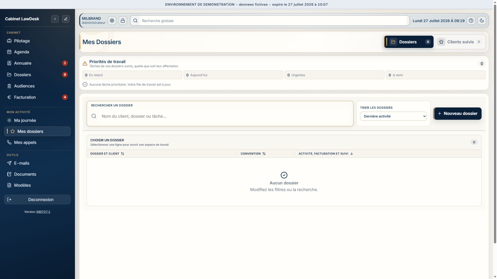 Capture Full HD de la vue Mes dossiers dans LawDesk App