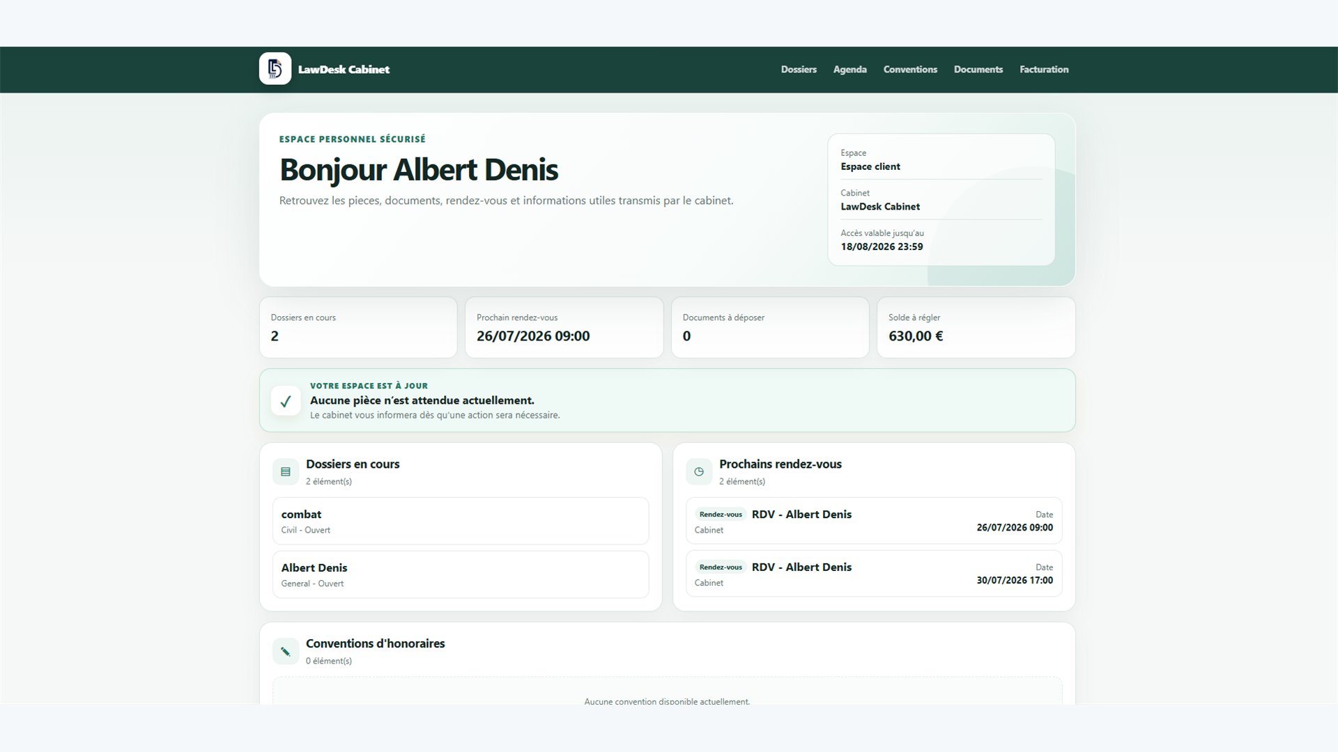 Capture Full HD du portail client sécurisé LawDesk App