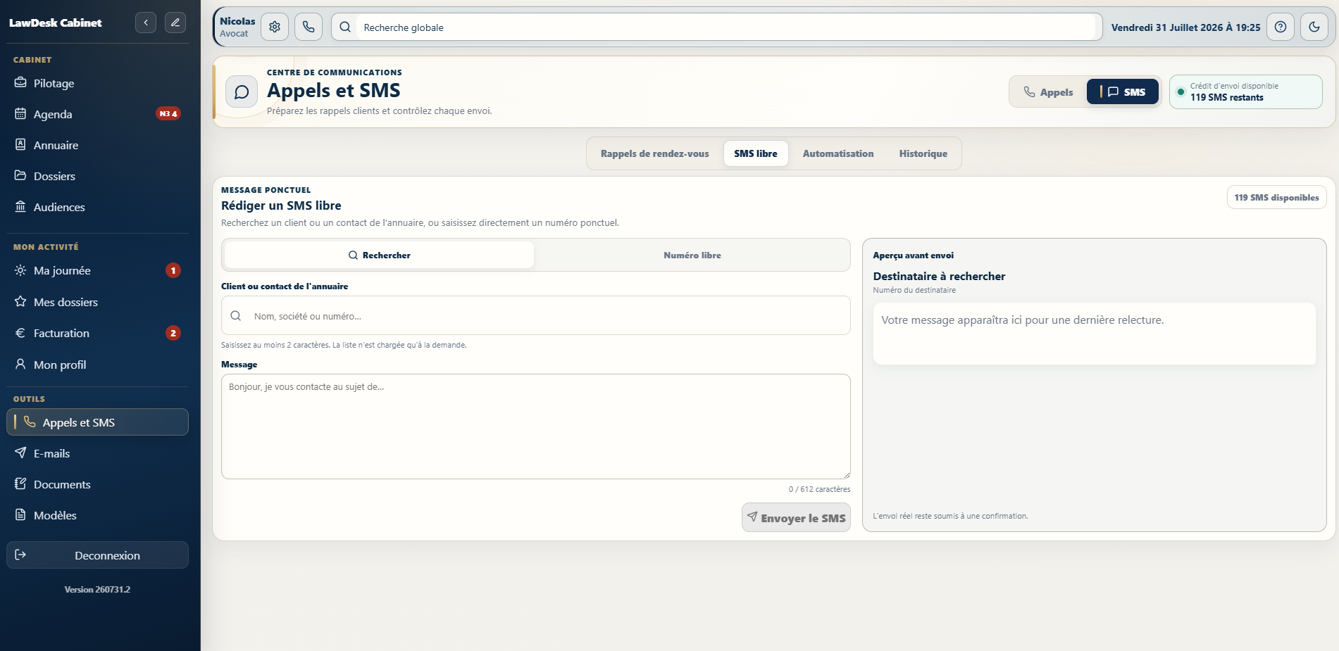 Écran d’envoi et de suivi des SMS dans LawDesk App